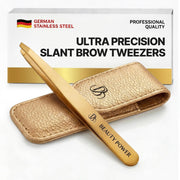 Beauty Power gold tweezers front view showing sleek design and professional benefit