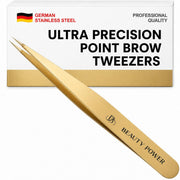 Beauty Power gold tweezers front view showing sleek design and precision handling