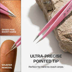 Beauty Power tweezers held in hand demonstrating precise control and ease