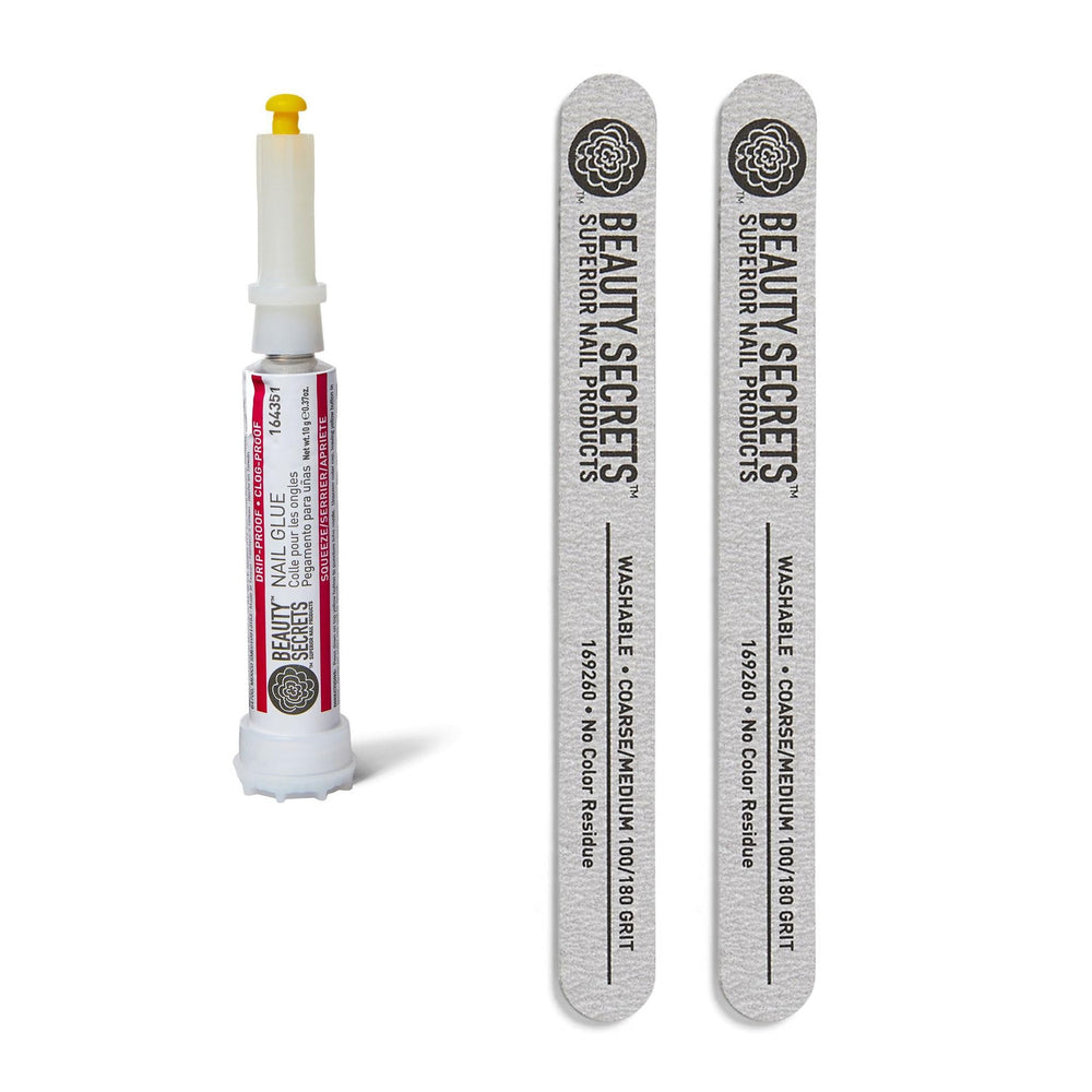 Beauty Secrets glue bottle front label showing product name and benefits