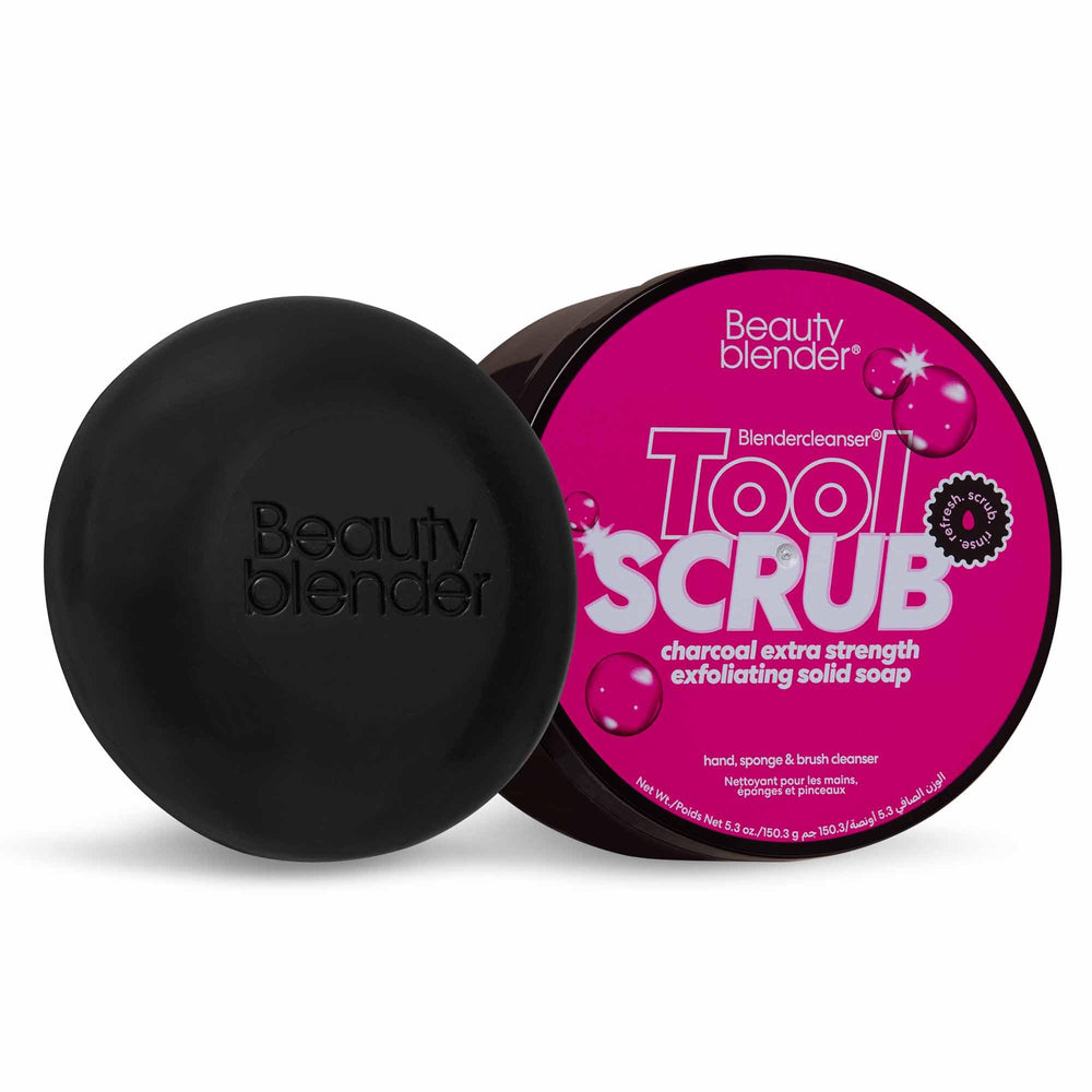 beautyblender front packaging of charcoal solid cleanser showing compact puck benefit: travel-friendly