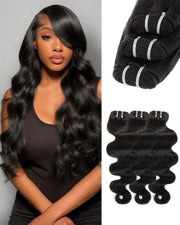 BEEOS front packaging showing three natural black body wave bundles and benefits