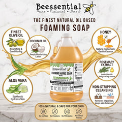 Side view of Beessential 64 oz bottle highlighting ingredient list and seal