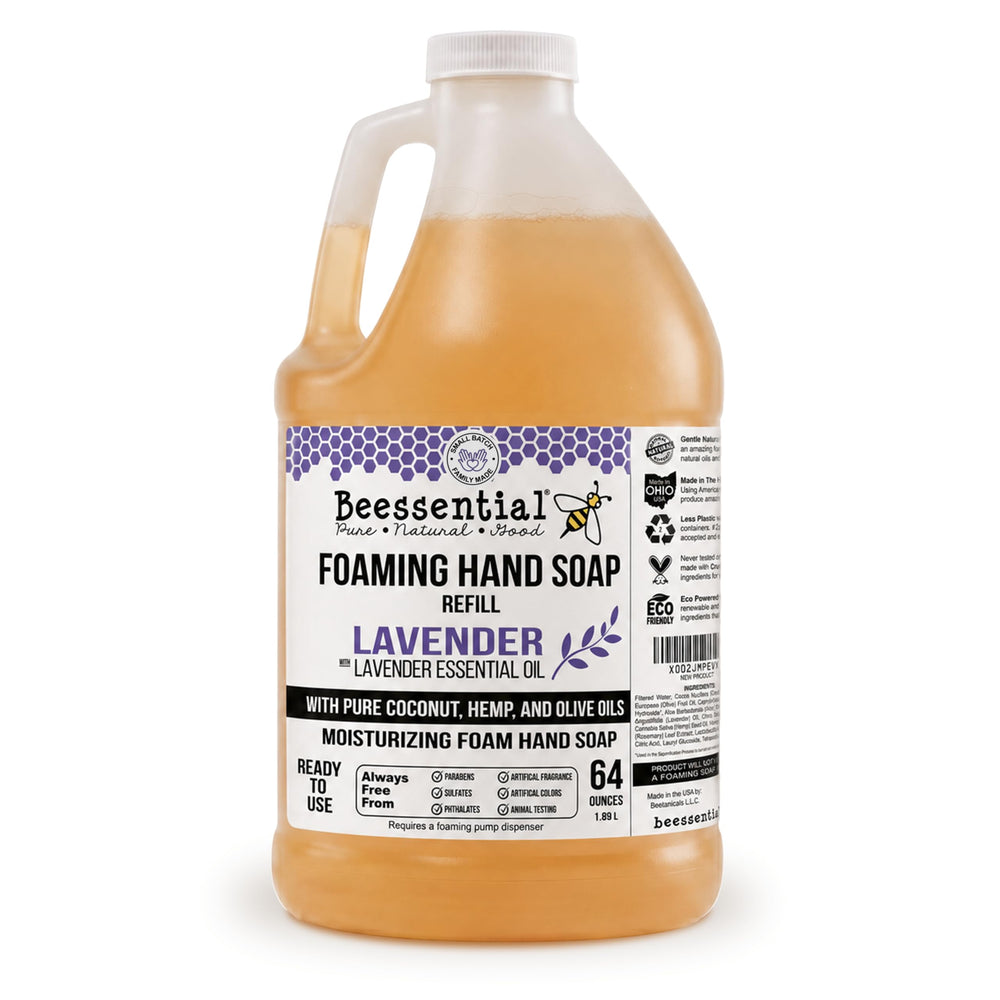 Beessential front bottle showing lavender label and large 64 oz size benefit