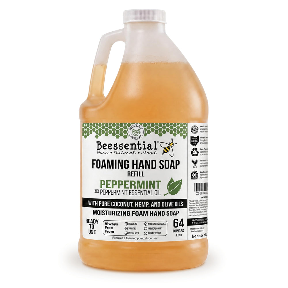 Beessential front bottle showing peppermint label and refill size for savings