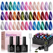 Beetles brand front packaging showing 20-color cat eye gel kit and magnet for easy at-home sparkle