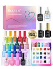 Beetles Gel Polish front packaging showing 20 full-size bottles and labels, clear organization benefit