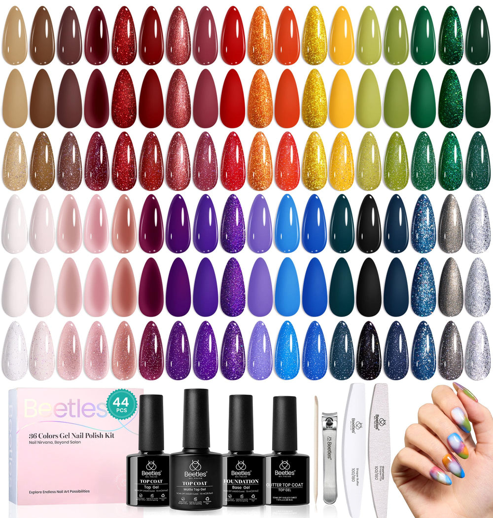 Beetles Gel Polish front packaging showing all 36 color bottles and top coats for variety