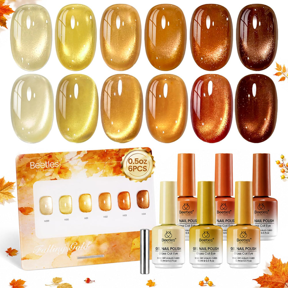 Beetles Gel Polish front packaging showing six warm fall shades and display card benefit