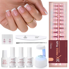 beetles front packaging showing full press-on French tip kit and contents benefit convenience