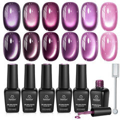 beetles front packaging showing six plum cat eye bottles and glitter