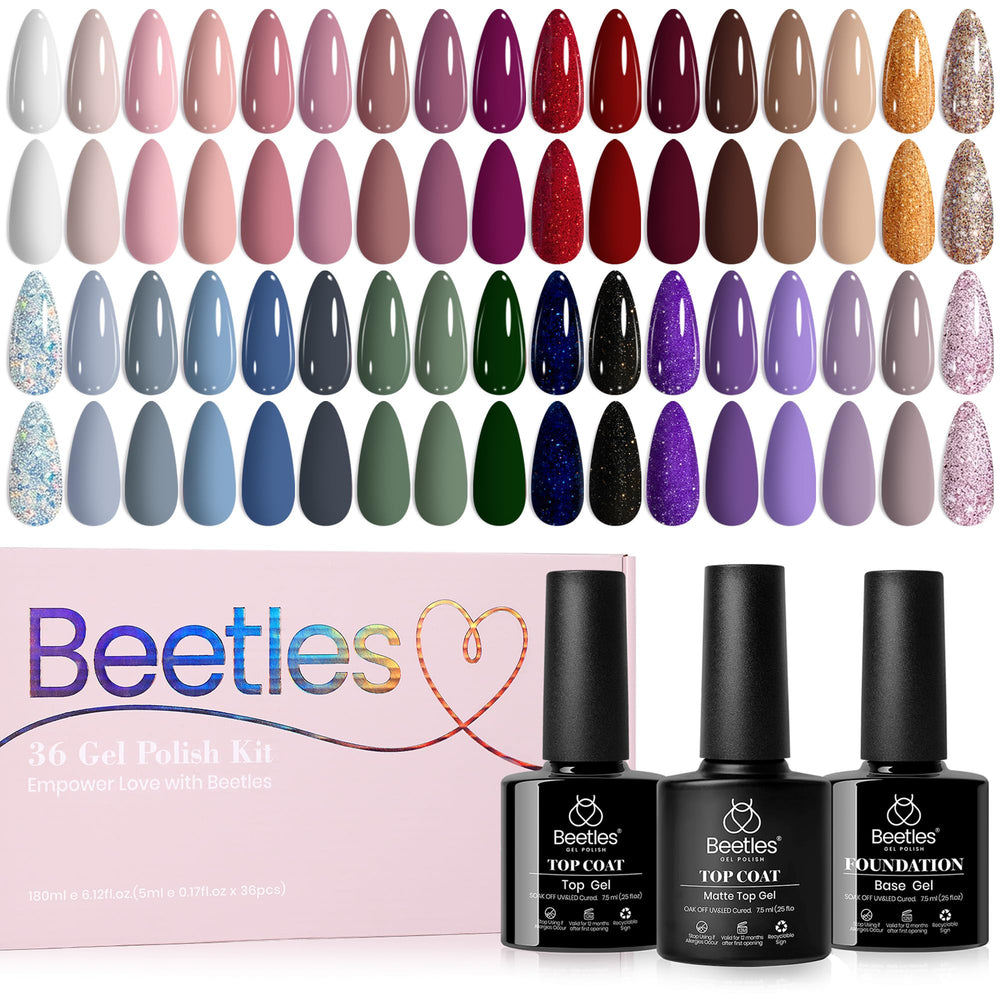 beetles gel polish kit front packaging showing 36 bottles and three top coats, highlights variety