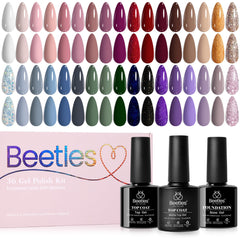 beetles gel polish kit front packaging showing 36 bottles and three top coats, highlights variety