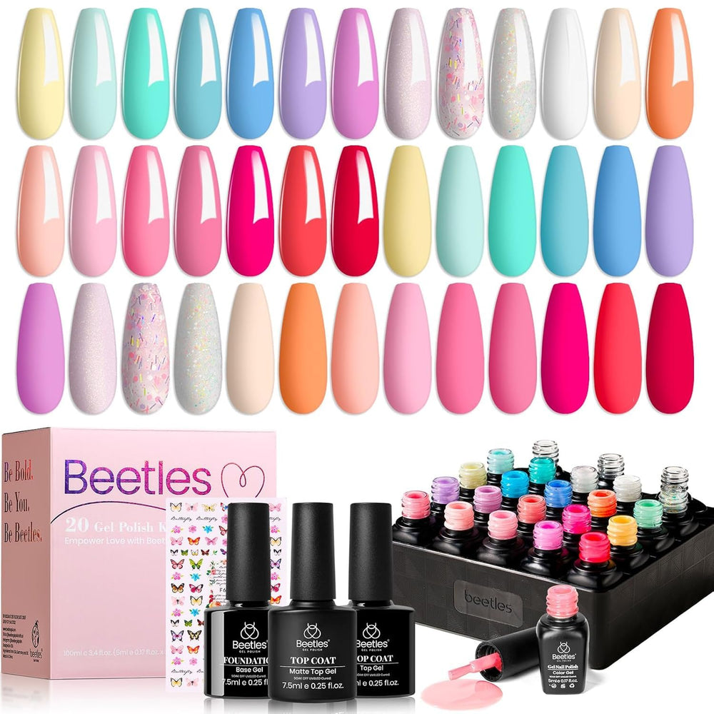 Beetles gel polish front packaging showing full 23-piece pastel kit and included top coats