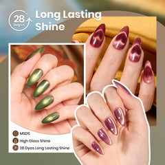 Beetles Gel Polish swatch fan with six autumn shades showing gold-reflective finish and variety