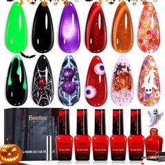 beetles front packaging showing six Halloween gel colors and clear benefit