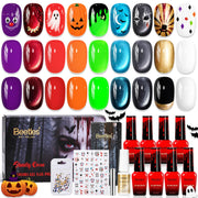 Beetles front view of eight gel polish bottles showing vibrant Halloween colors and kit contents