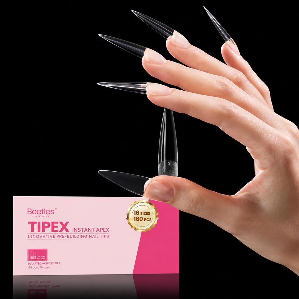 Beetles Gel Polish front view of XL stiletto tips showing shape and instant-apex support