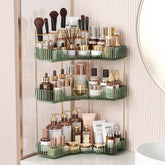 BEFSOP front view of green corner organizer showing tidy cosmetics and saved counter space