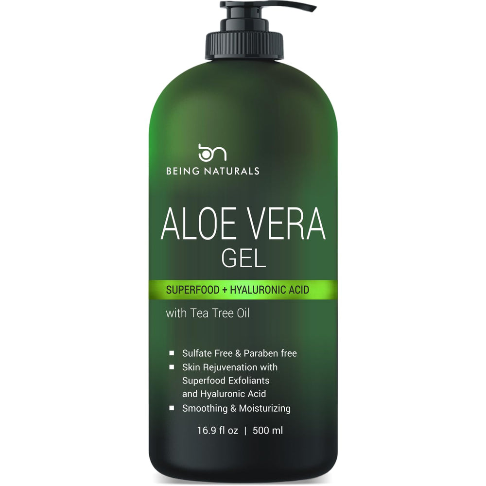 Being Naturals front packaging shows organic aloe gel and benefits