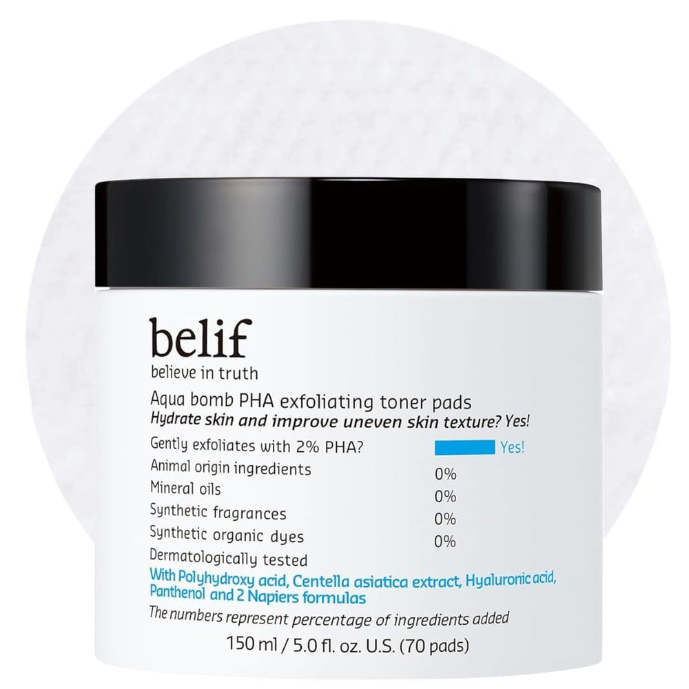 belif front packaging showing 70-count pads and product benefits