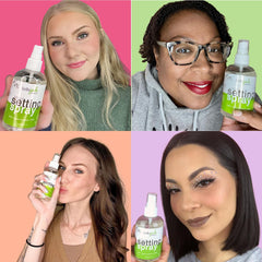 Person spraying Bella Jade over finished makeup for long-lasting wear benefit