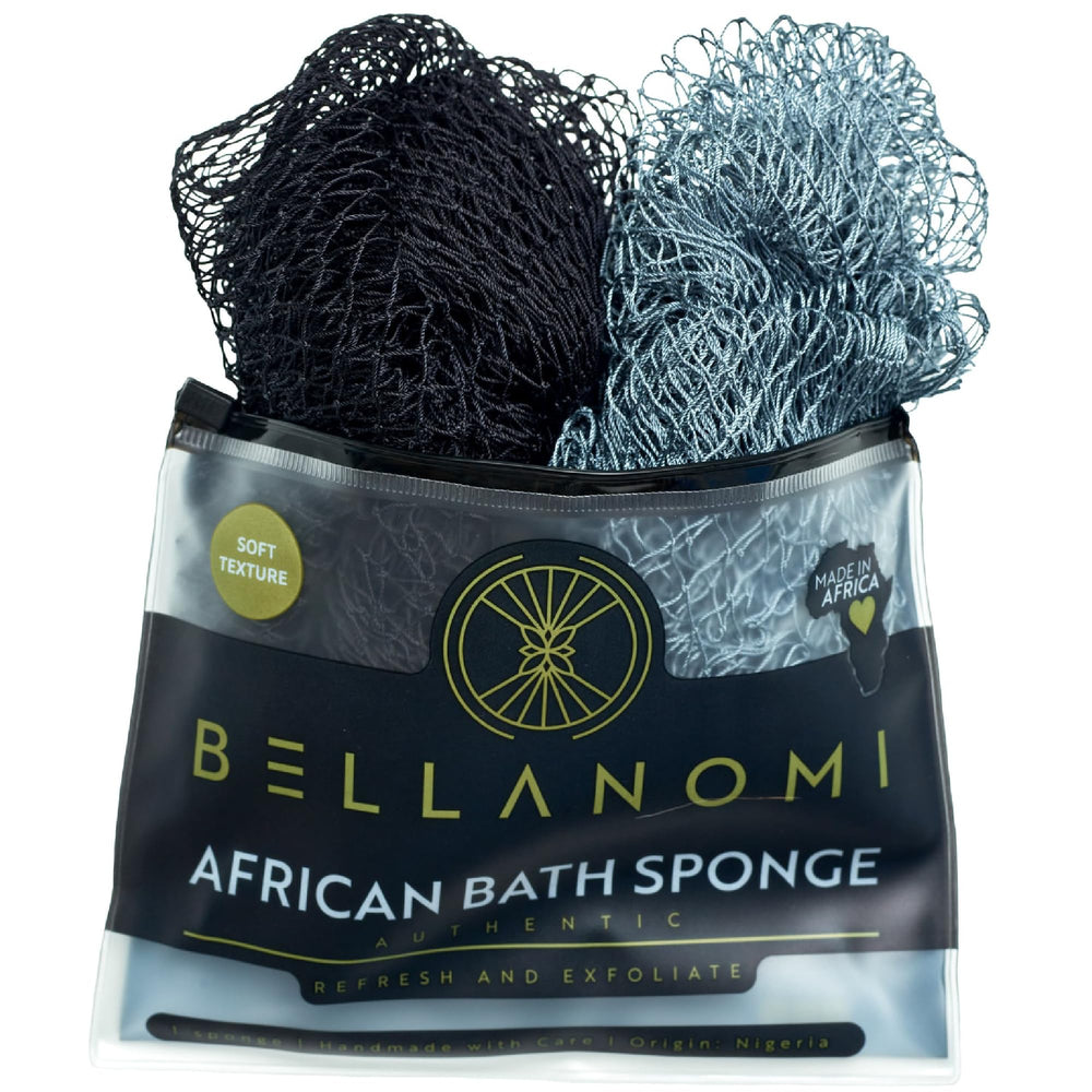 Bellanomi net sponge front view showing compact two-pack and easy-grip loop