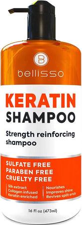 Bellisso front bottle showing label and salon-grade keratin benefits