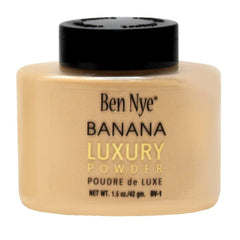 Ben Nye banana powder jar front view showing packaging and even finish benefit