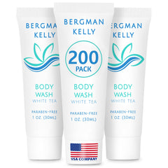 BERGMAN KELLY front view of white tea travel body wash showing label and size benefit