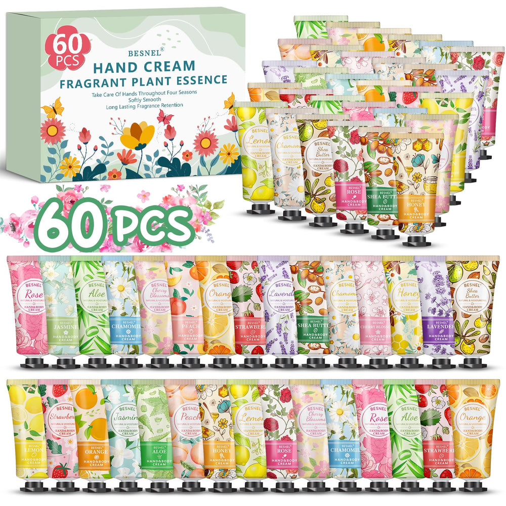 BESNEL front packaging collection showing sixty mini hand cream tubes and variety benefits