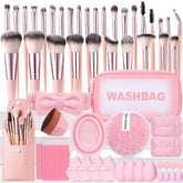BESNEL front packaging of 112-piece pink brush set showing contents and portability