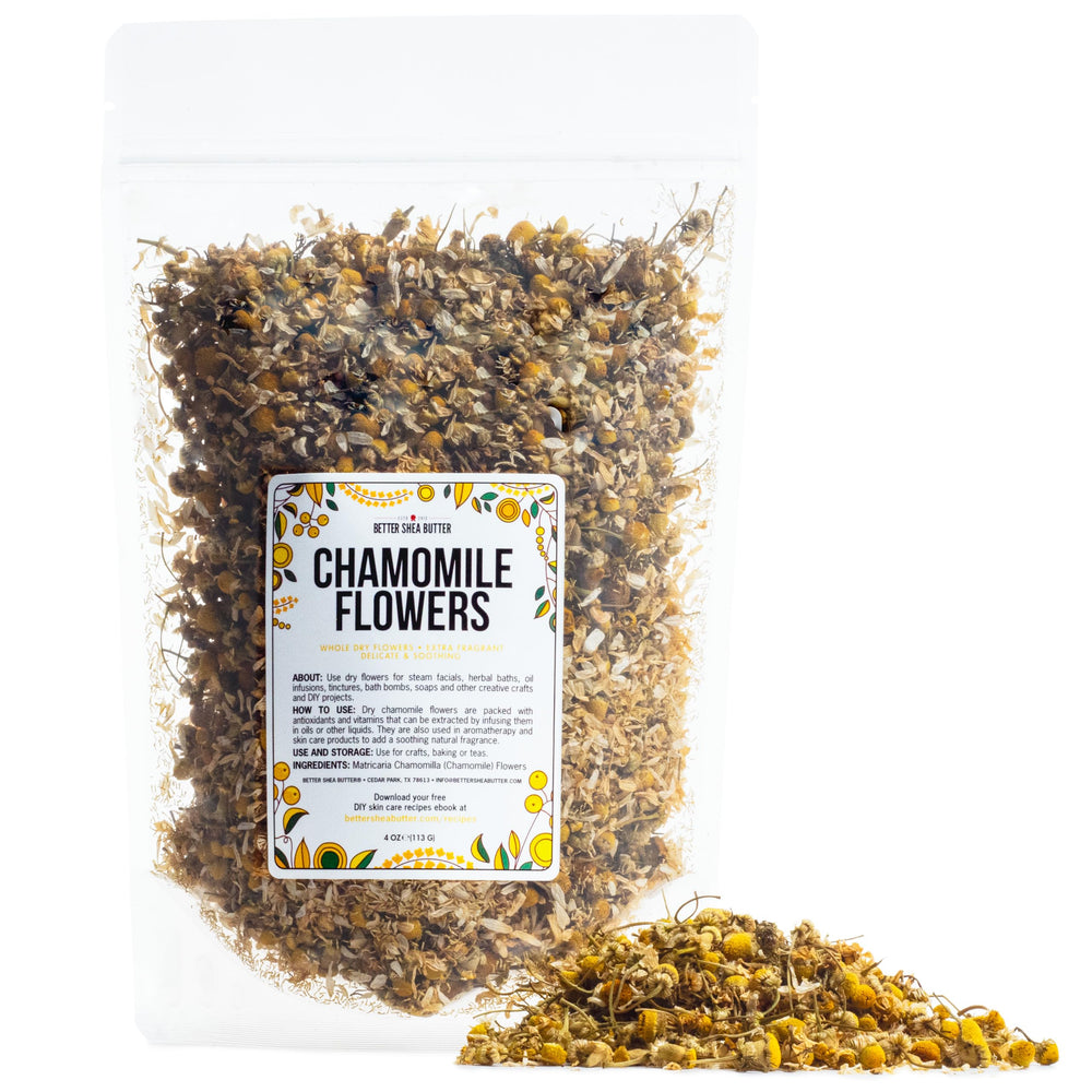 Better Shea Butter front packaging of dried chamomile flowers showing brand and resealable pouch benefits