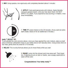 Visual step-by-step application graphic from Betty Beauty illustrating safe, simple at-home tinting