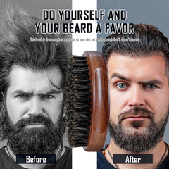 BFWood brush next to beard balm illustrating even balm distribution benefit