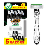 BIC Flex 5 Sensitive front packaging showing five disposable razors and benefits
