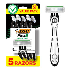 BIC Flex 5 Sensitive front packaging showing five disposable razors and benefits