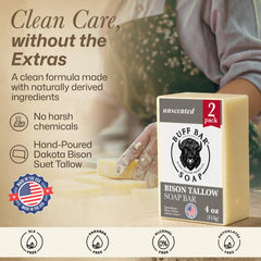 Big Crazy Buffalo buff bar lather on hand demonstrating gentle cleanse