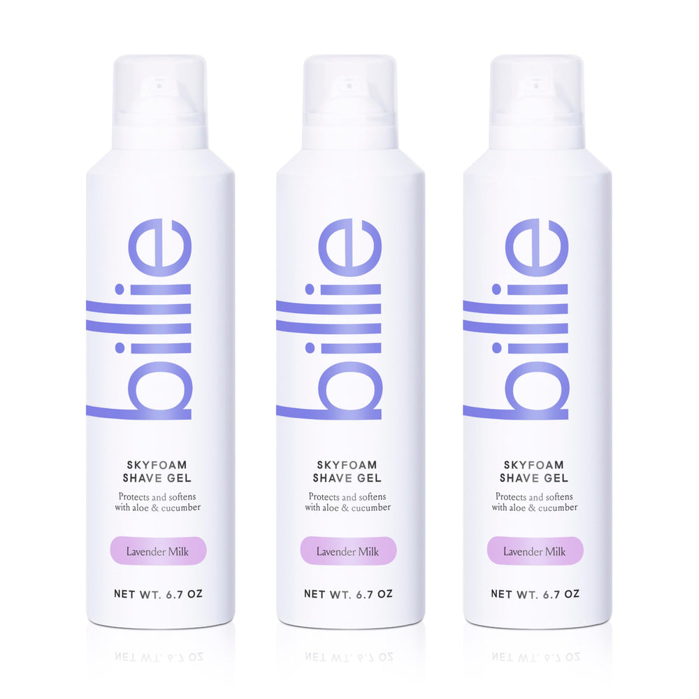 billie front packaging showing Lavender Milk scent and benefits