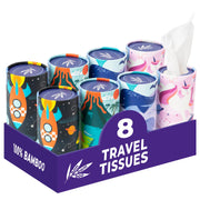 Bim Bam Boo front packaging showing eight bamboo tissue canisters, portable convenience
