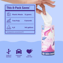 Bim Bam Boo tube open with tissue dispensing, easy one-handed reach