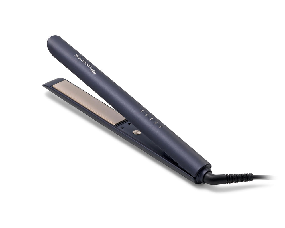 Bio Ionic front view showing sleek blue styling iron and ergonomic body for effortless control
