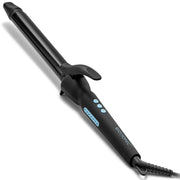 Bio Ionic front view of curling iron showing long barrel and sleek design, promotes even styling