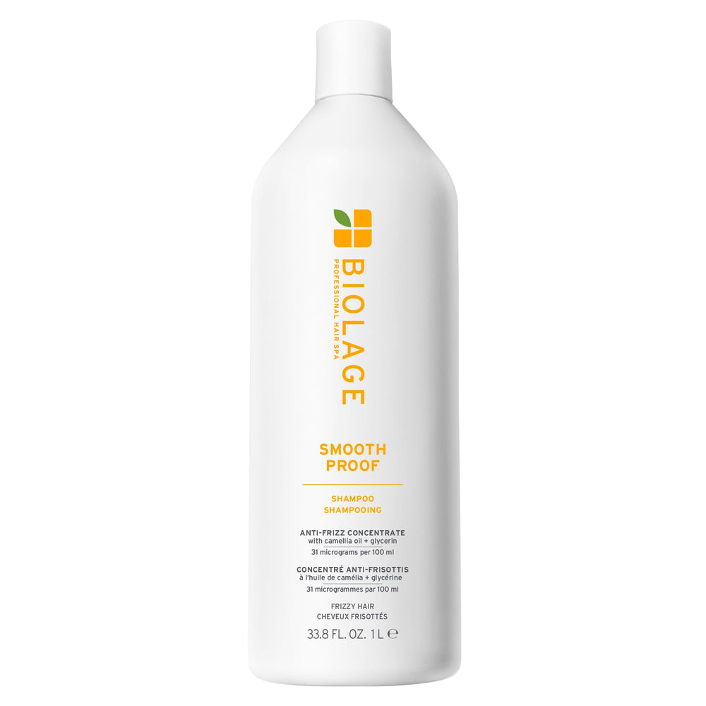 Biolage front packaging showing large 33.8 fl oz bottle with sleek design and benefit