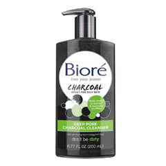 Bioré deep pore charcoal cleanser creamy-black texture closeup, highlights charcoal for cleaner pores