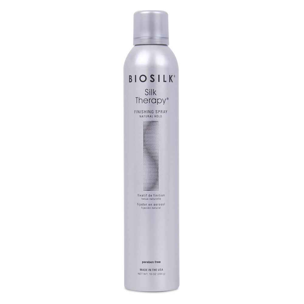 BioSilk finishing spray front packaging showing lightweight hold benefit