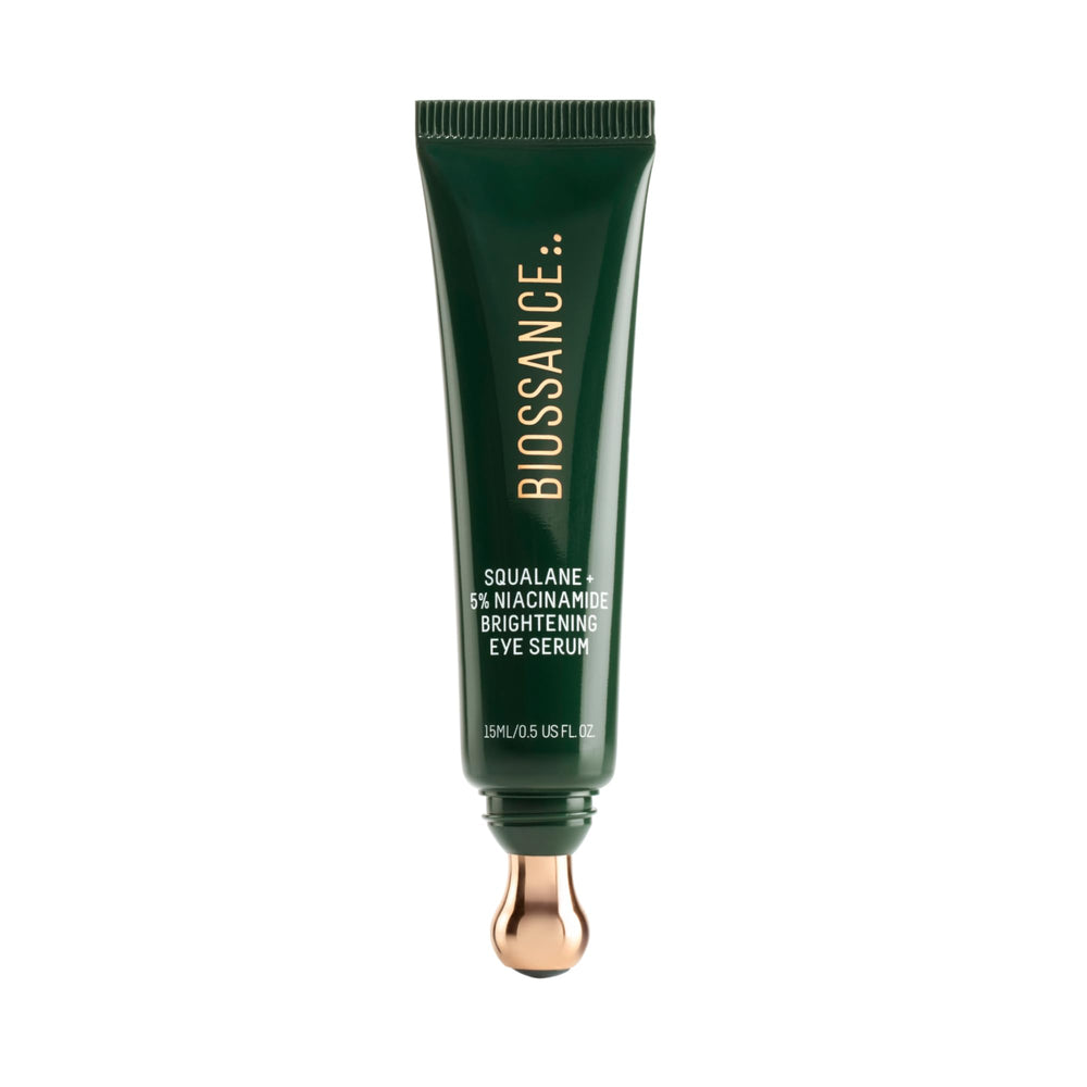 BIOSSANCE front view of the eye serum showing pump and branding for brightening