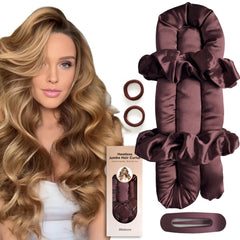 BLINKEEN front view packaging showing burgundy heatless curler set and benefits