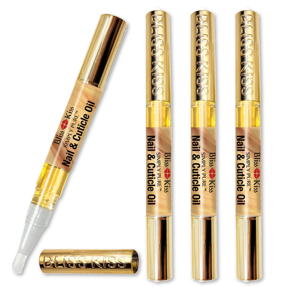 Bliss Kiss front packaging showing 4 vanilla cuticle oil pens for easy hydration