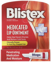 Blistex front packaging showing brand and medicated ointment for quick identification and convenience